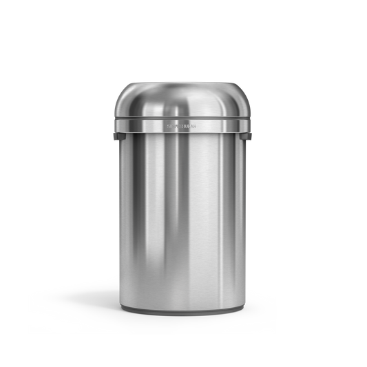 Simplehuman's 115L All-Steel Bullet Open Can in Brushed front-angle view.