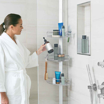 Simplehuman Polished Stainless Steel Tension Shower Caddy in use, adjustable shelves provide maximum storage organization.