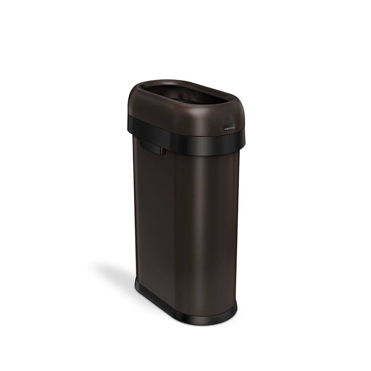 Simplehuman 50L Slim Open Can in Dark Bronze, fixed open lid for quick, easy disposal.