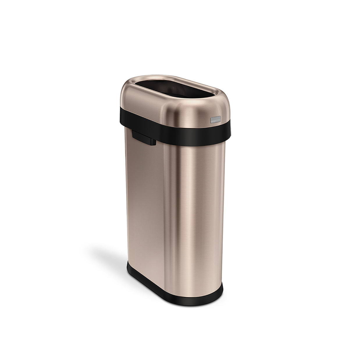 Simplehuman 50L Slim Open Can in Rose Gold, with fixed open lid and removable collar.
