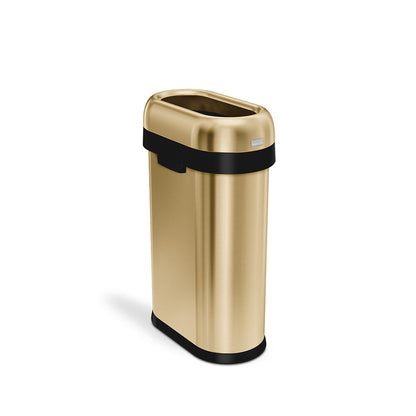 Angled view of Simplehuman 50L Slim Open Can, Rose Gold, quick disposal design with removable collar.