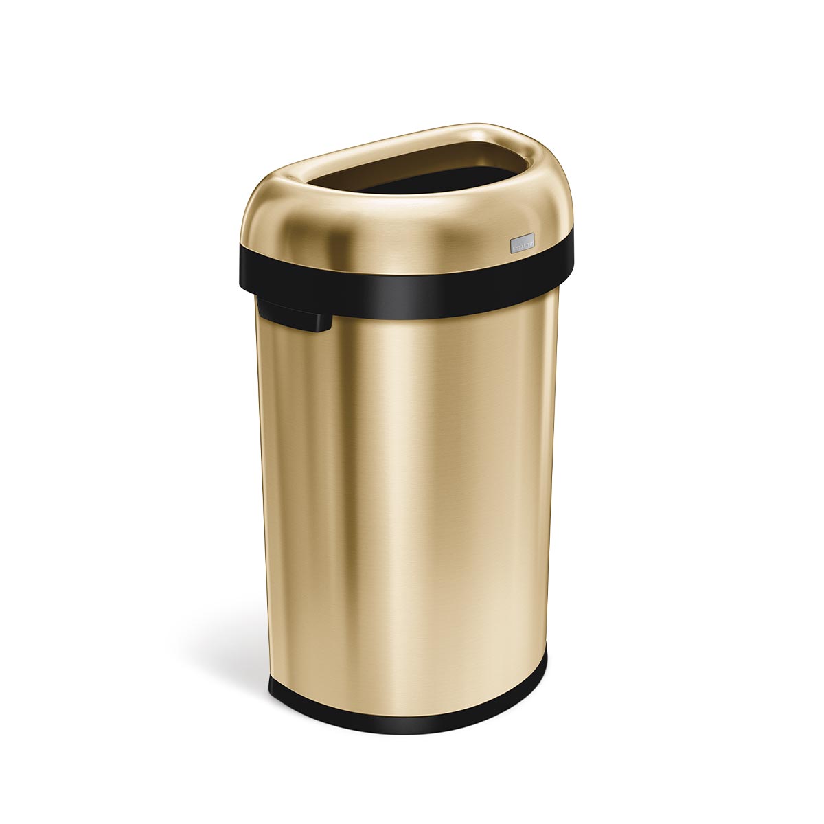 Simplehuman 60L Semi-Round Open Can in Brushed Brass finish, hands-free open top for easy disposal.