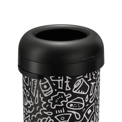 Detail view of Simplehuman 60L Bullet Open Can (Black Doodle graphic) showing the removable matte black dome lid.