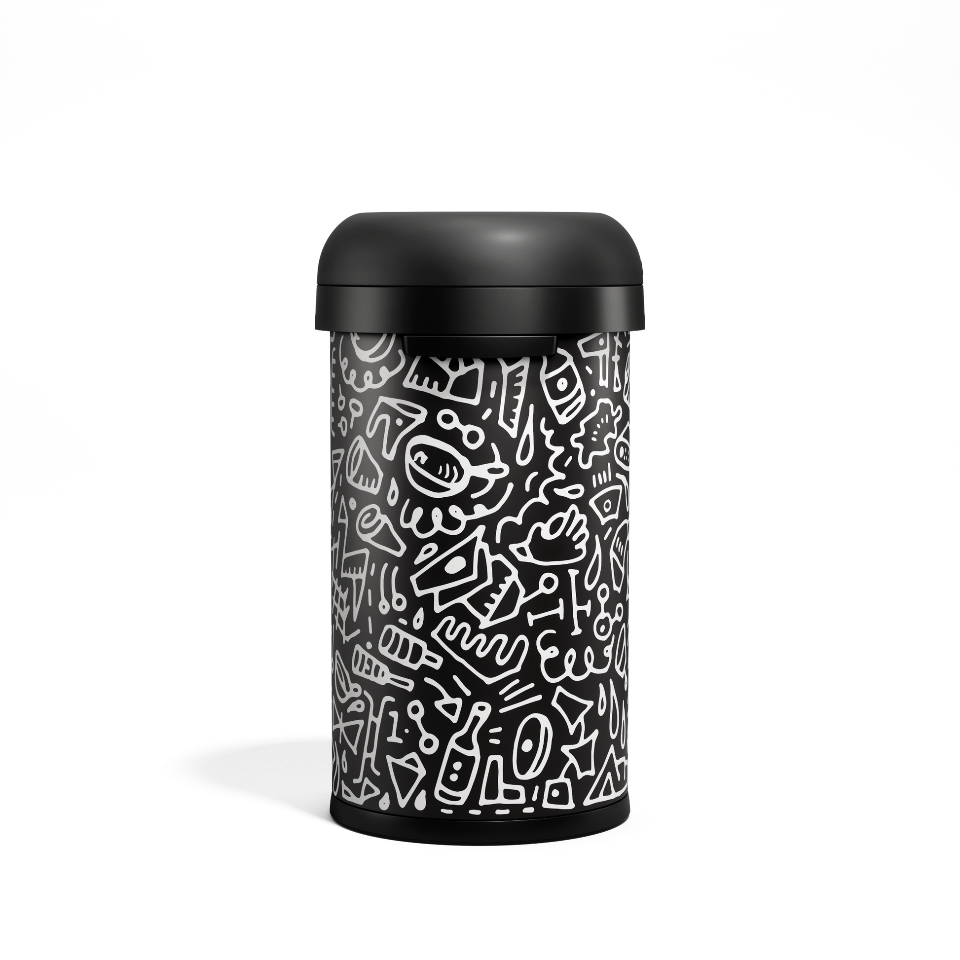 Simplehuman 60L Bullet Open Can, Black Doodle graphic by k.merz, high capacity with removable matte black dome lid.