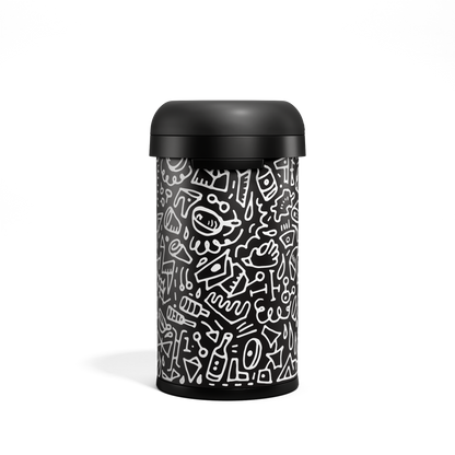 Simplehuman 60L Bullet Open Can, Black Doodle graphic by k.merz, high capacity with removable matte black dome lid.