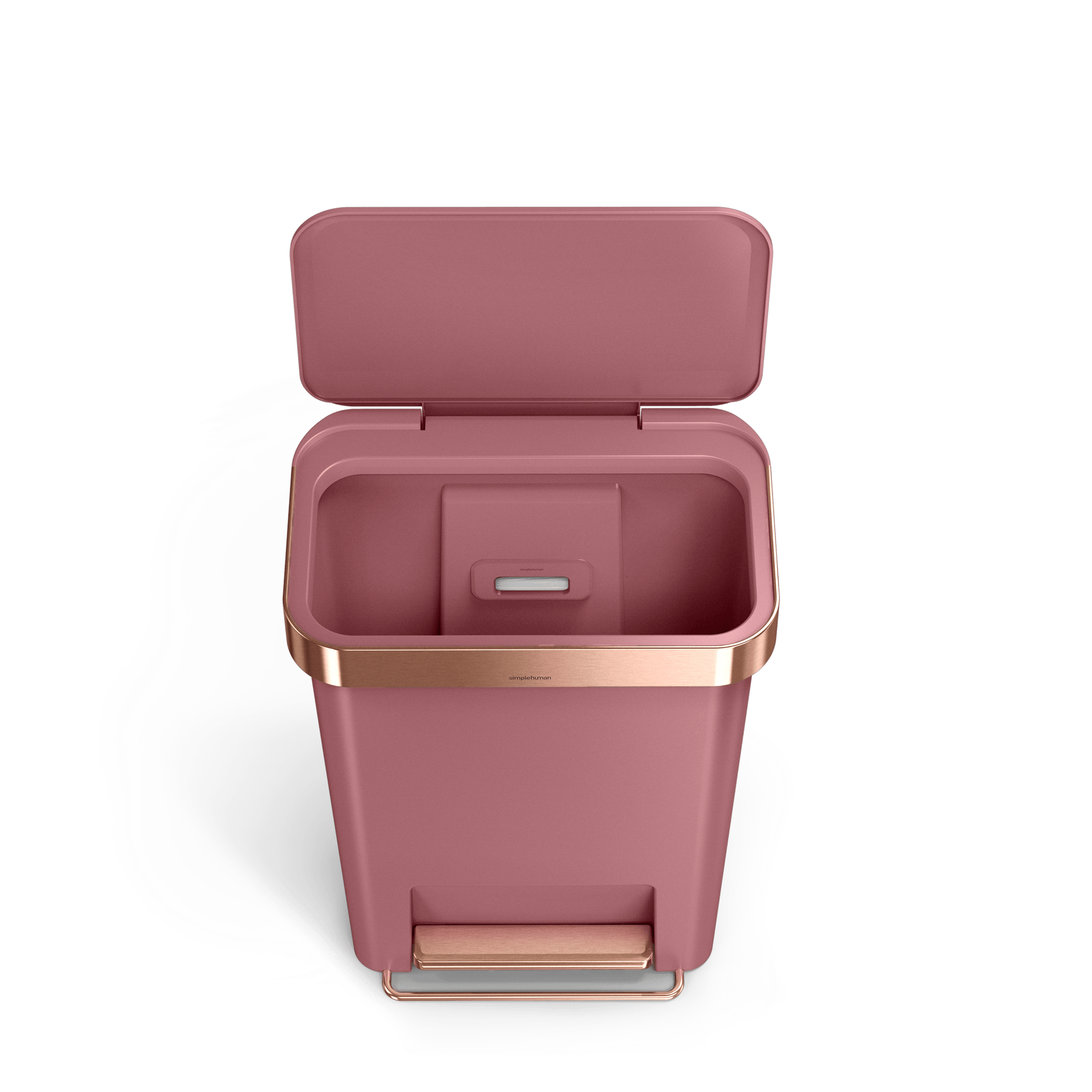Simplehuman 45L Hybrid Step Can, Dusty Rose with Rose Gold, open view showing liner rim and bag dispenser.