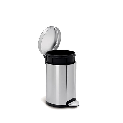 Angled view of Simplehuman 4.5L Round Step Can, Brushed Stainless Steel, showing open lid and removable liner bucket.