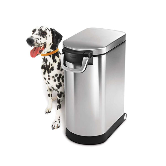 Simplehuman Large Pet Food Can, Brushed Stainless Steel, shown with a dog, featuring secure latch and mobility wheels.