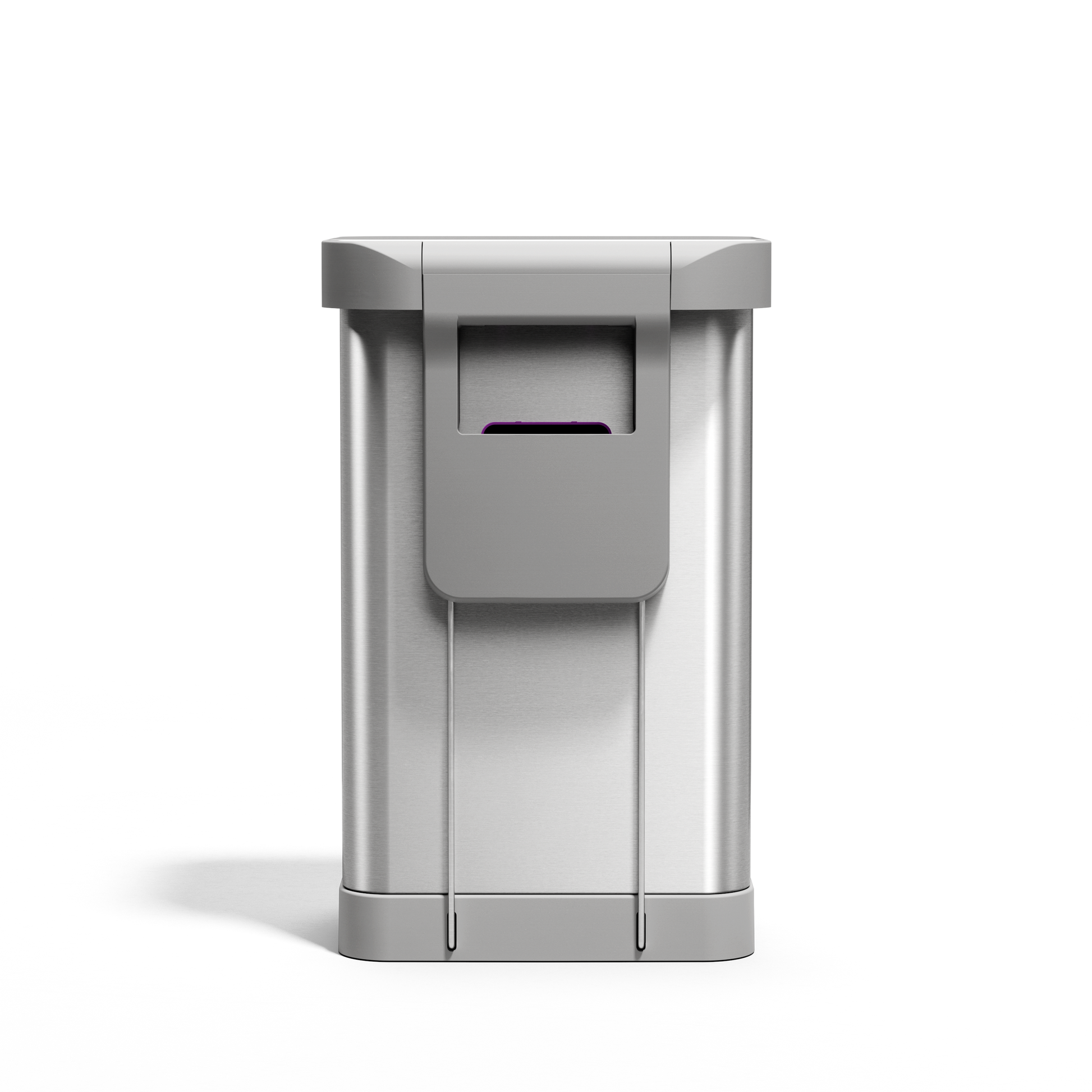 Front view of Simplehuman 45L Rectangular Step Can, Brushed Stainless Steel, showing liner pocket dispenser.