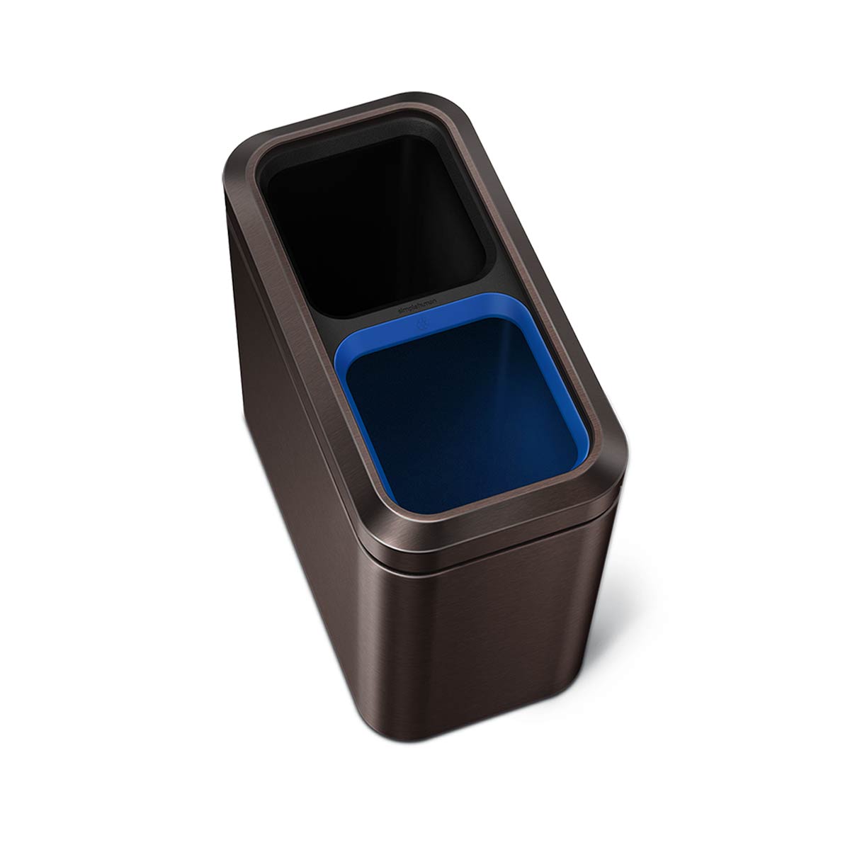 Top angled view of Simplehuman Dark Bronze 20L Dual Slim Open Can showing removable recycling and trash liners.
