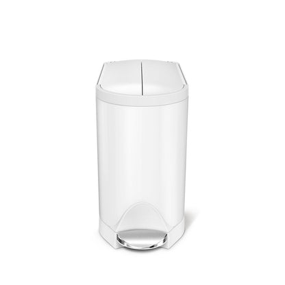 Front view of Simplehuman White 10L Butterfly Step Can, hands-free pedal, space-saving split lid.