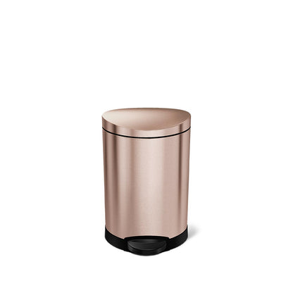 Front view of Simplehuman 6L Semi-Round Step Can in Rose Gold, hands-free pedal, ideal for small spaces.