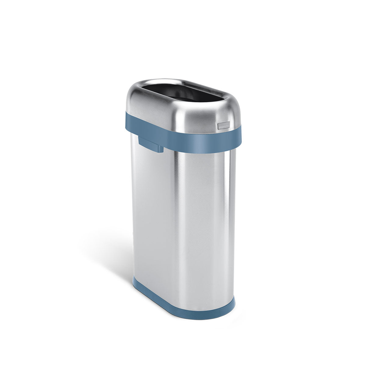 Simplehuman 50L Slim Open Can, Brushed Stainless Steel with Blue accent collar, fixed open lid.