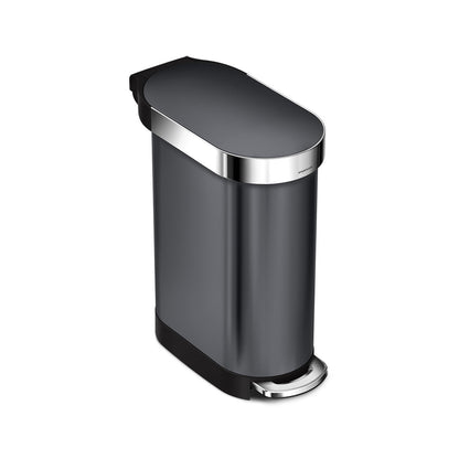 Simplehuman 45L Slim Step Can in Dark Bronze with polished liner rim and hands-free foot pedal.