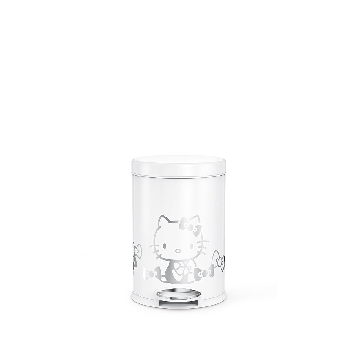 Front view of Simplehuman 4.5L Round Step Can, White with Silver Hello Kitty graphic, hands-free pedal.