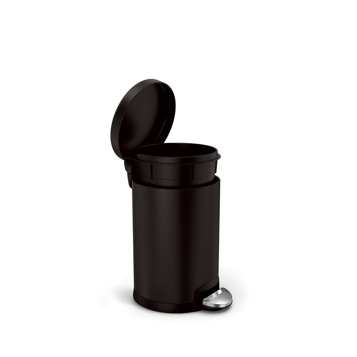 Angled open view of Simplehuman 4.5L Round Step Can in Matte Black, showing removable liner and hands-free pedal.