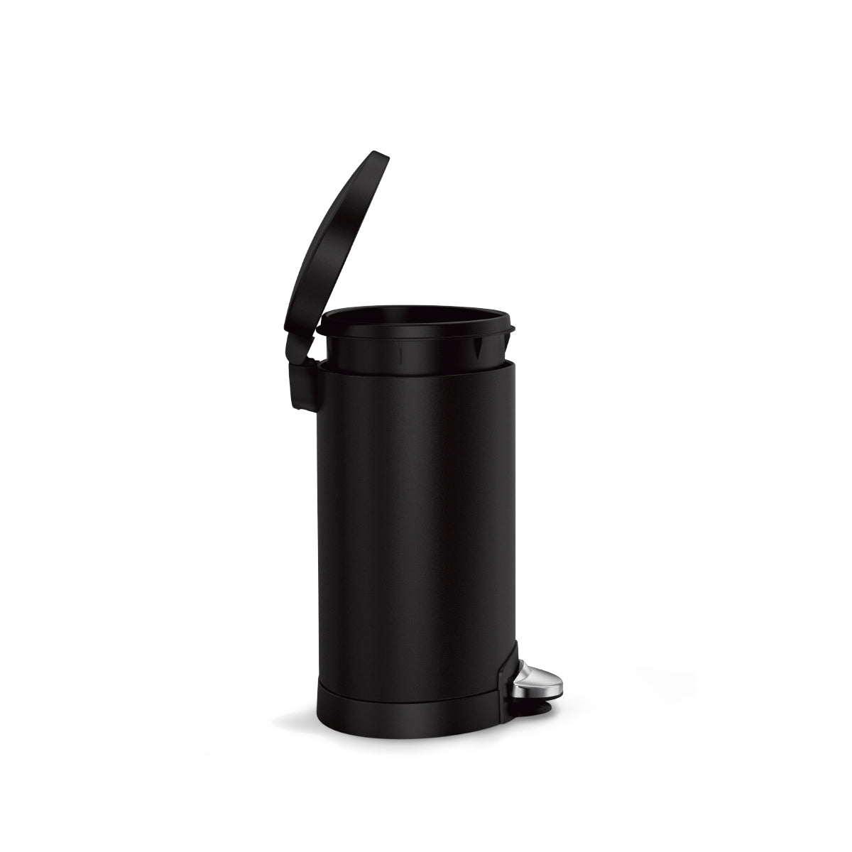 Side view of Simplehuman 6L Semi-Round Step Can in Matte Black, open lid shows removable liner.
