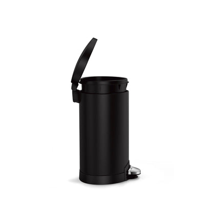Side view of Simplehuman 6L Semi-Round Step Can in Matte Black, open lid shows removable liner.