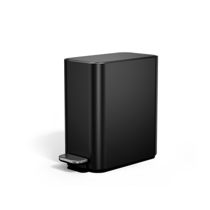 Angled view of Simplehuman 5L Slim Step Can in Matte Black, hands-free operation