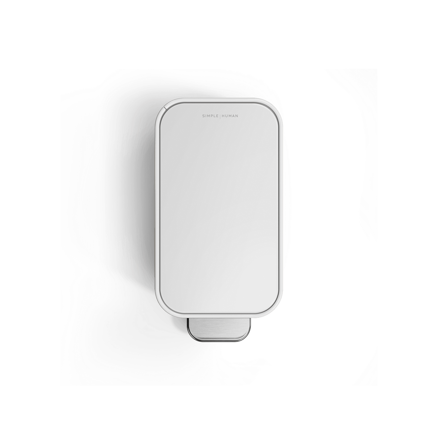 Simplehuman 5L Slim Step Can, White, Top view showcasing slim design and stainless steel hands-free pedal.