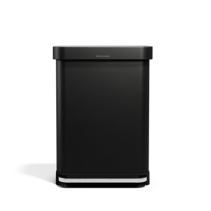 Simplehuman 55L Rectangular Step Can in Matte Black with hands-free foot pedal and liner pocket.