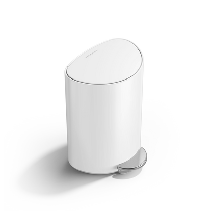 Simplehuman White 6L Semi-Round Step Can, angled view, space-saving design with durable hands-free pedal.