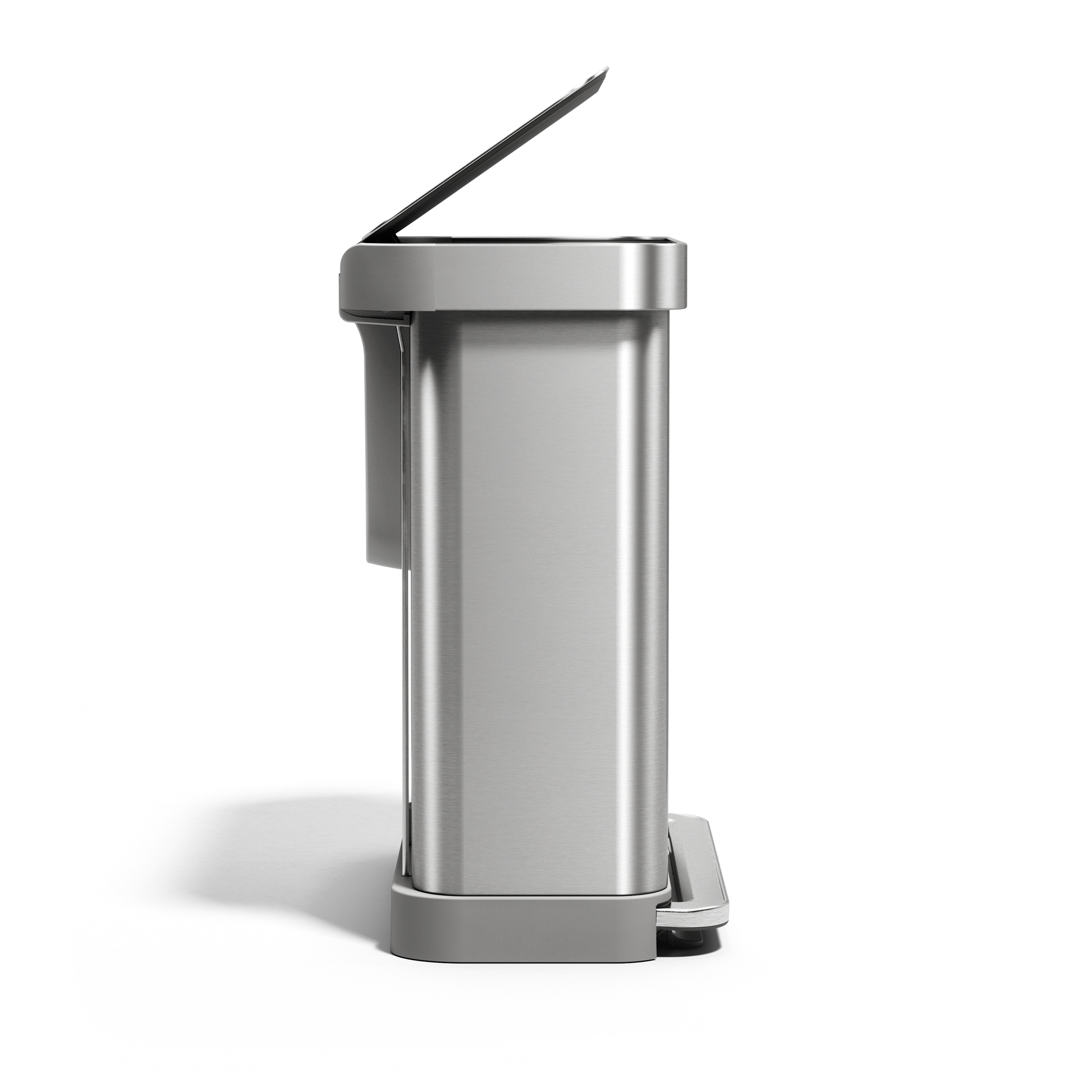 Side view of Simplehuman 58L Step Recycler, Brushed Stainless Steel, dual compartments, hands-free foot pedal operation.