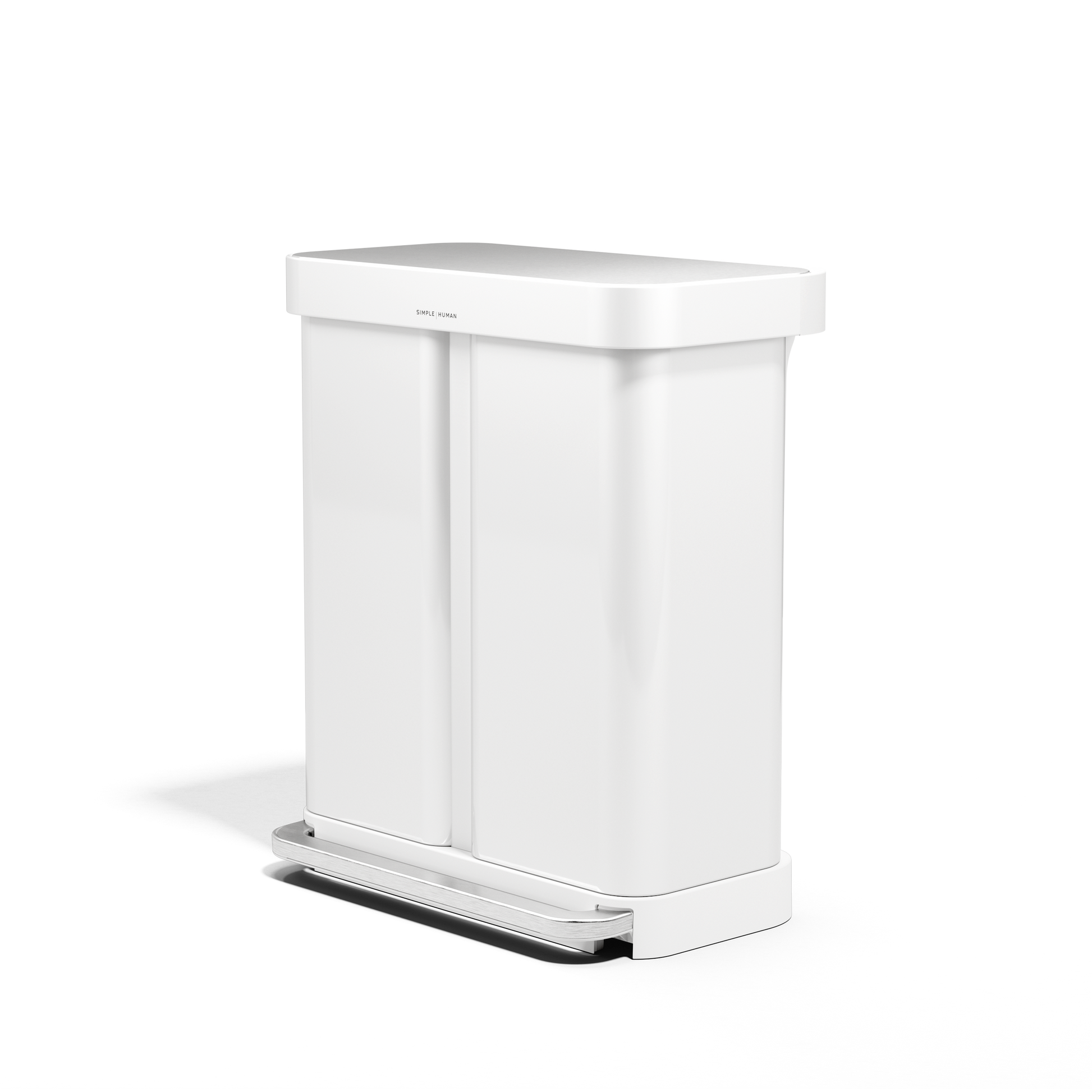 Angled view of Simplehuman 58L Step Recycler in White, dual compartments, with brushed metal foot pedal.