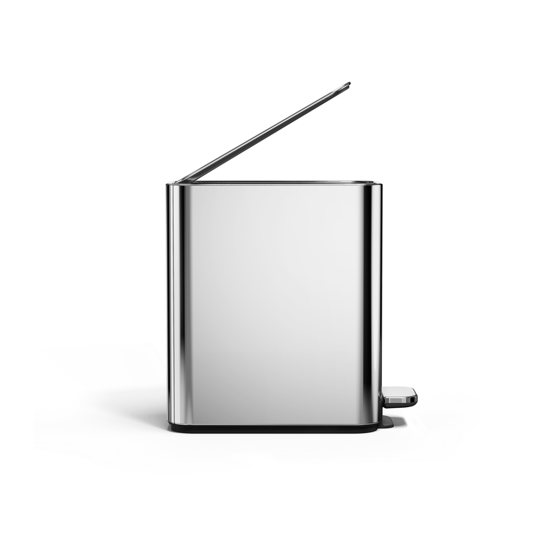 Simplehuman 5L Slim Step Can, Polished Stainless Steel, open view showing hands-free pedal lift.