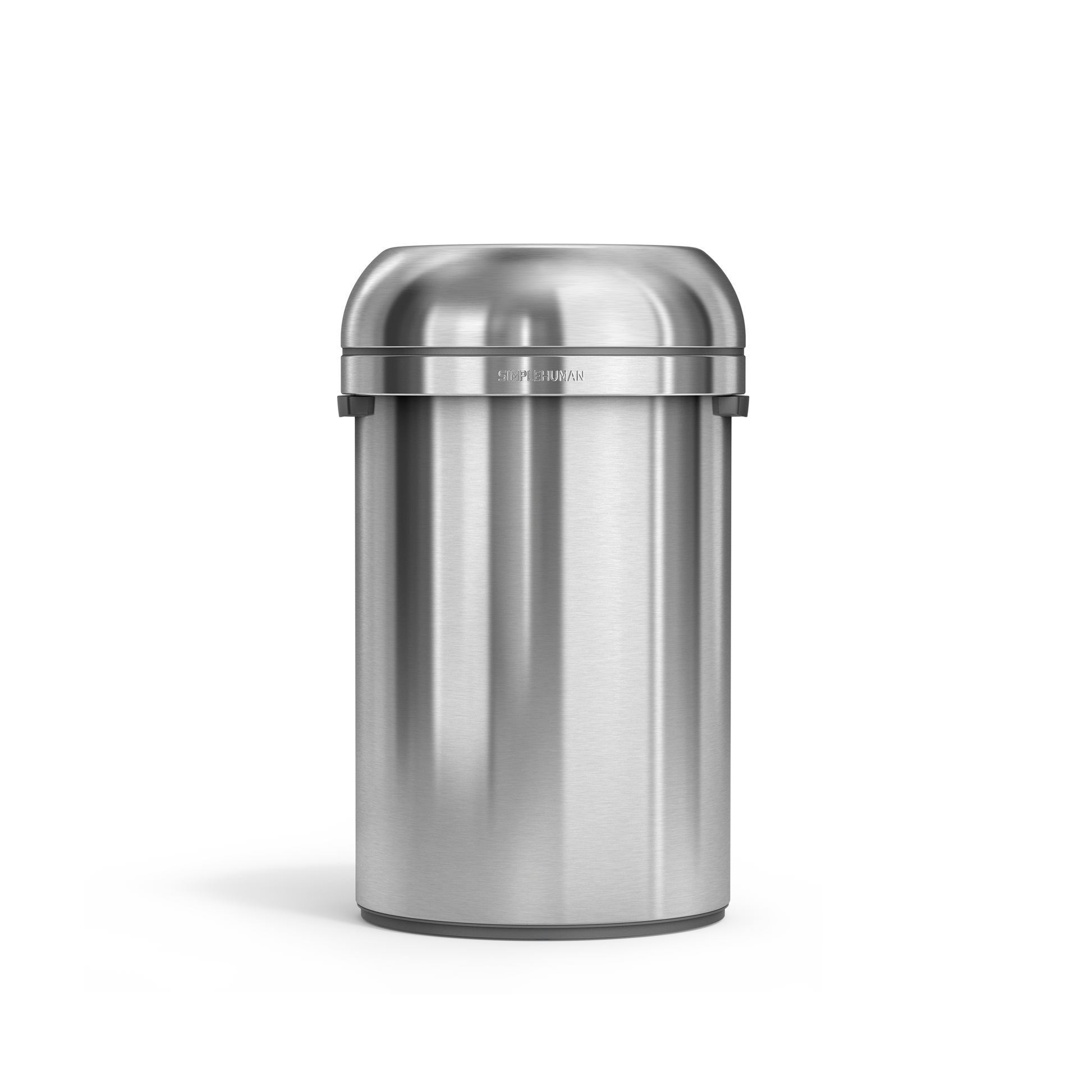 Simplehuman's 115L All-Steel Bullet Open Can in Brushed front-angle view.