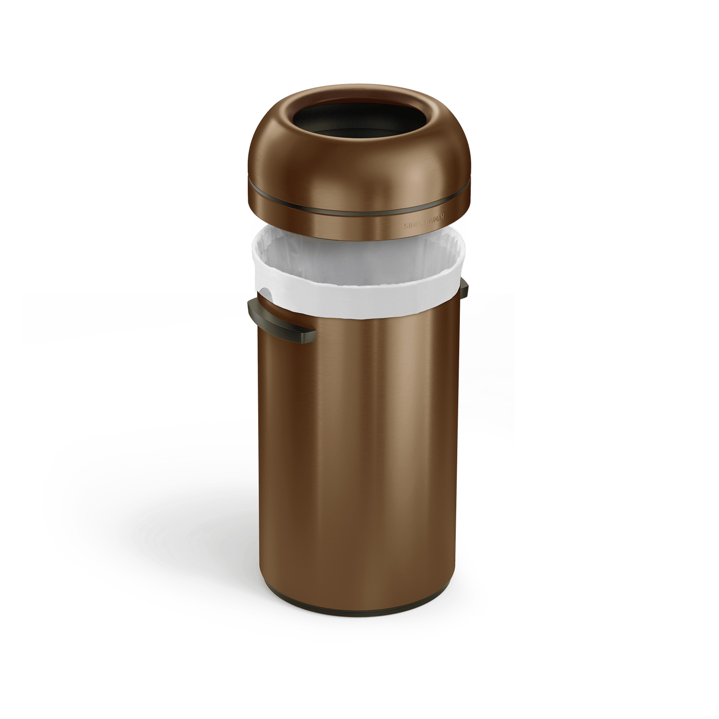 Simplehuman's 60L Bullet Open Can in Bronze with the lid lifted showcasing the liner.