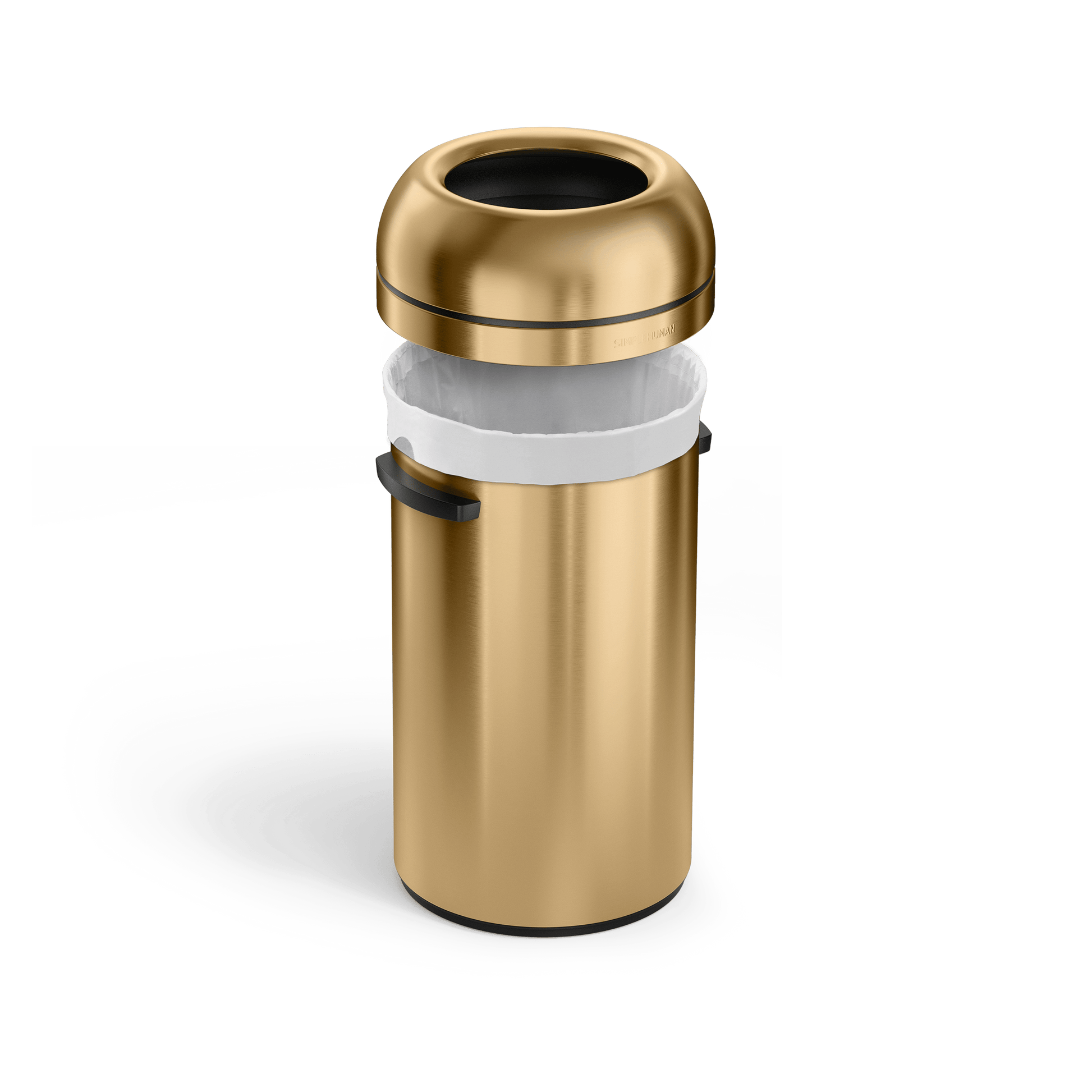 Simplehuman's 60L Bullet Open Can in Gold with the lid lifted showcasing the liner.