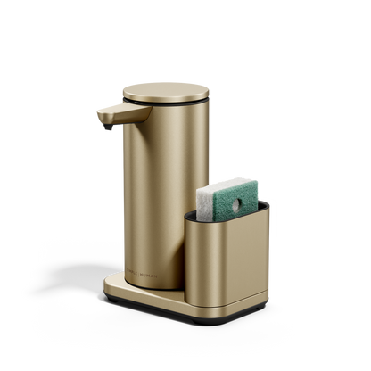 Simplehuman Brushed Brass 14 oz Sensor Pump + Caddy, sponge shown in removable dock, rechargeable, touch-free.
