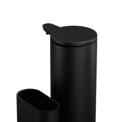 Detail view of Simplehuman Matte Black 14 oz Sensor Pump + Caddy, featuring the touch-free sensor and indicator light.