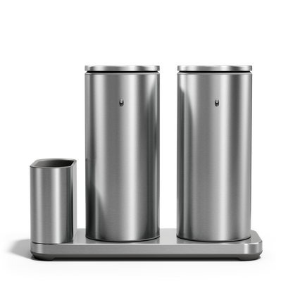 Front view: Simplehuman Dual Sensor Pump 14 oz. with Caddy in Brushed Stainless Steel, rechargeable, hands-free.