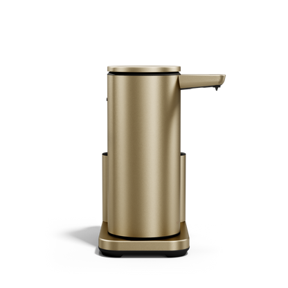 Simplehuman Brushed Brass 14 oz Sensor Pump + Caddy, profile view of rechargeable touch-free dispenser.
