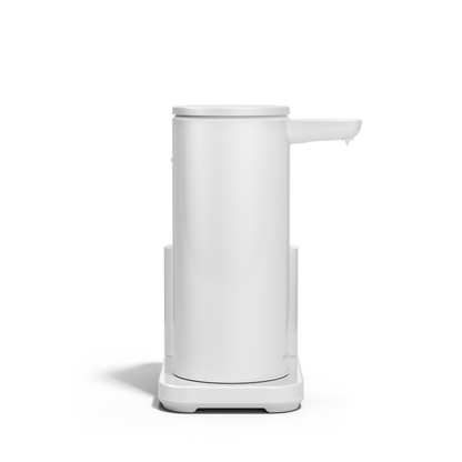 Side view of Simplehuman White 14 oz Sensor Pump + Caddy, rechargeable, touch-free, with integrated removable caddy.