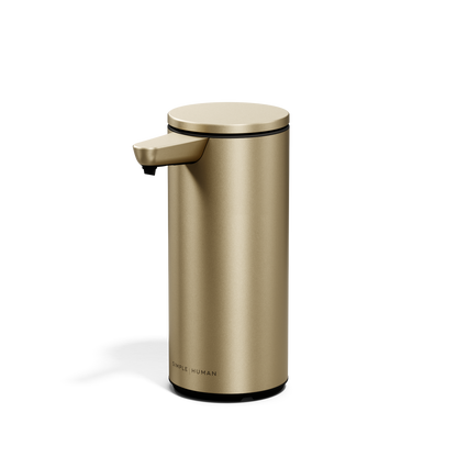 Simplehuman 9 oz. Rechargeable Sensor Pump in Brass, studio view, touch-free cylindrical dispenser.