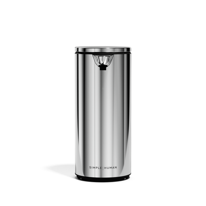 Straight-on view of Simplehuman 9 oz. Rechargeable Sensor Pump in Brushed Stainless Steel, adjustable dosage.