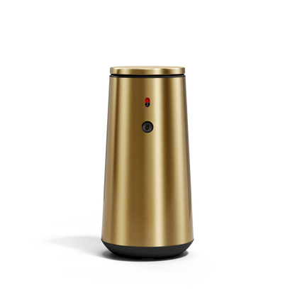 Simplehuman Brushed Brass Sensor Pump Foam, isolated straight front view showing sensor and indicator light, touch-free.
