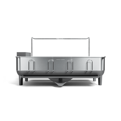Simplehuman Brushed Stainless Steel Steel Frame Dishrack, showing cup holders and center pivot drainage spout.
