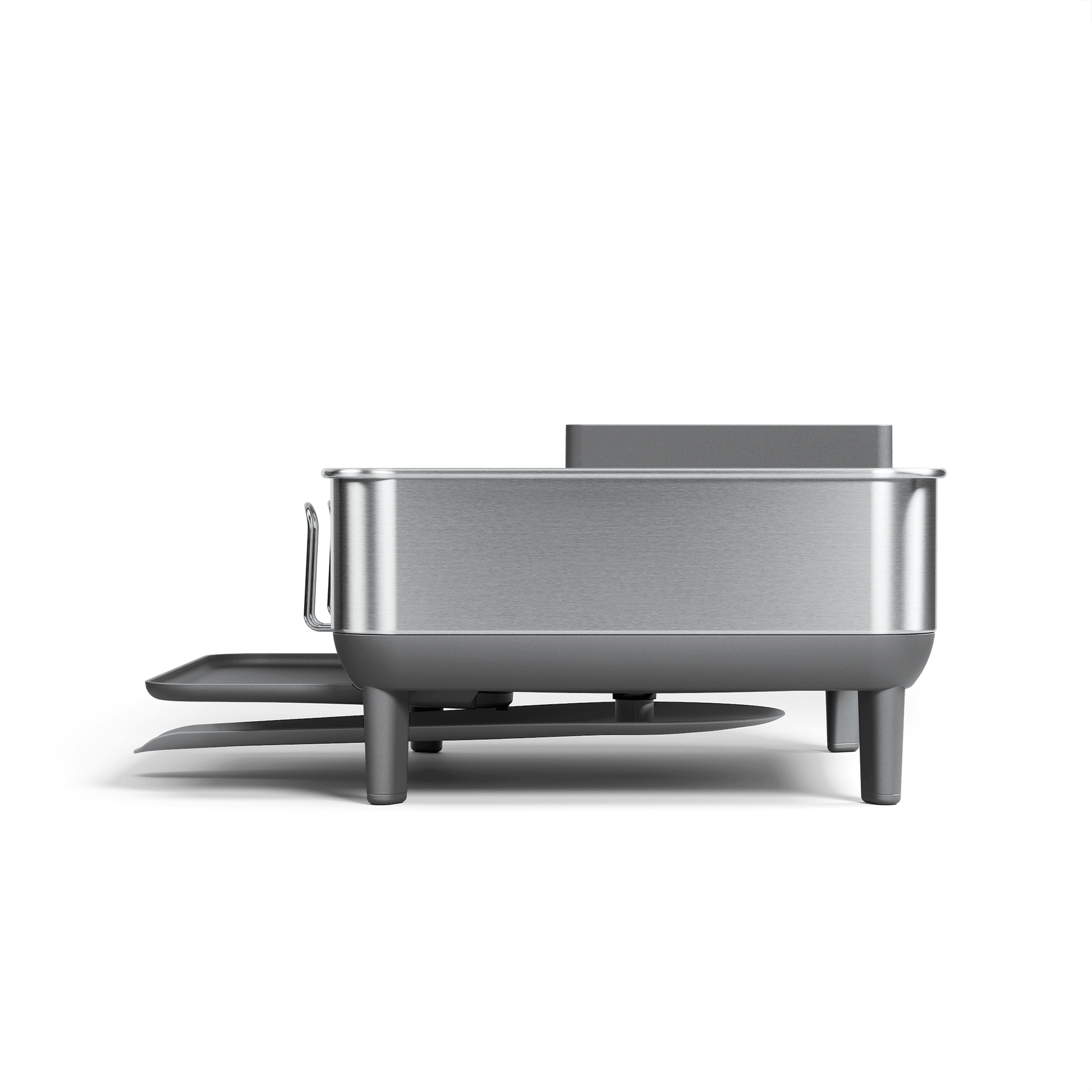 Simplehuman Compact Steel Frame Dishrack, Brushed Stainless Steel, profile view showing elevated design and cup rack attachment.