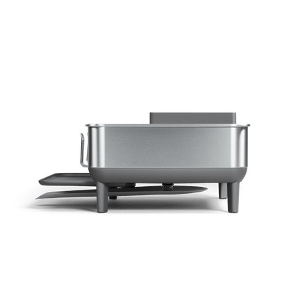 Simplehuman Compact Steel Frame Dishrack, Brushed Stainless Steel, profile view showing elevated design and cup rack attachment.