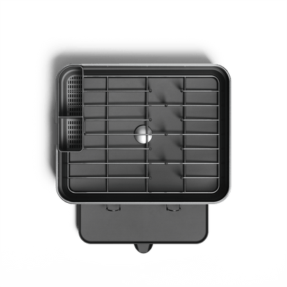 Simplehuman Compact Steel Frame Dishrack, Brushed Stainless Steel, overhead view showing removable caddy.