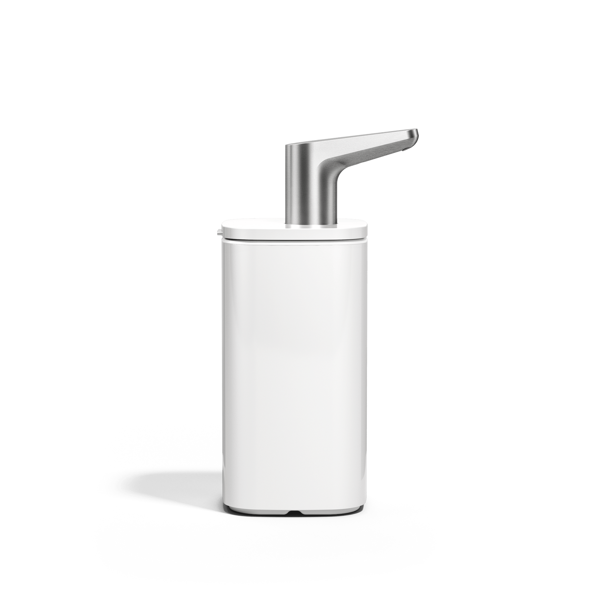 Straight view of Simplehuman 10 oz. Pulse Pump in White with polished steel ergonomic spout.