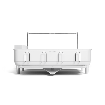 Front view of Simplehuman White Steel Frame Dishrack with polished handle and integrated cup holders.