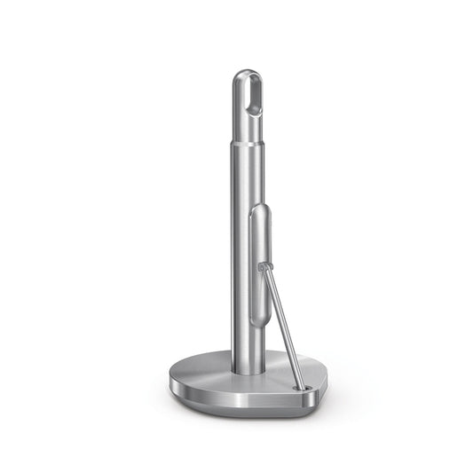 Simplehuman Tension Arm Paper Towel Holder in Brushed Stainless Steel, secure base for easy tearing.