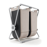 Simplehuman Double X-Frame Hamper, polished stainless steel frame, dual removable liners for laundry sorting.
