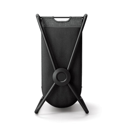 Straight-on view of Simplehuman Single X-Frame Hamper, Matte Black, narrow profile, removable dark gray breathable mesh liner.