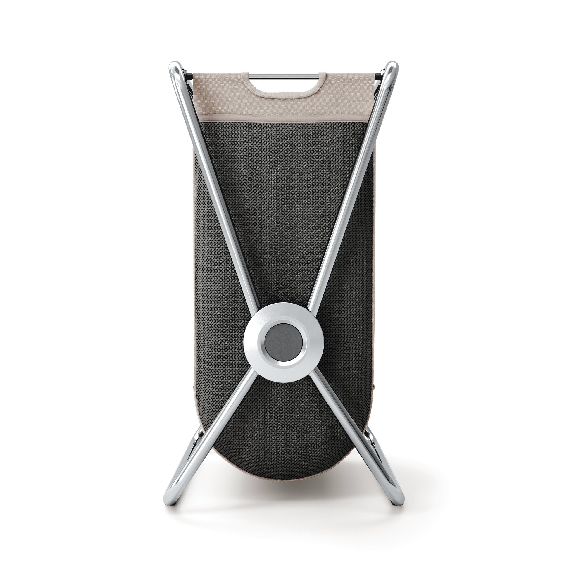 Back view of Simplehuman Single X-Frame Hamper, Polished Stainless Steel, removable liner with carry handle.